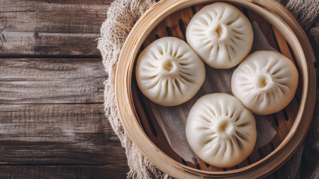 Grey textured table with top view of freshly made bao buns (baozi), highlighting their fluffy texture and mouthwatering lookの素材