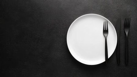 Overhead shot of a clean white plate with cutlery on a black table, emphasizing simplicity and offering ample space for text or designの素材