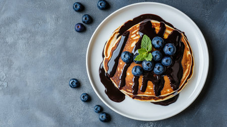 Overhead shot of thin pancakes drizzled with chocolate sauce and topped with fresh blueberries on a grey background, perfect for a sweet treat imageの素材