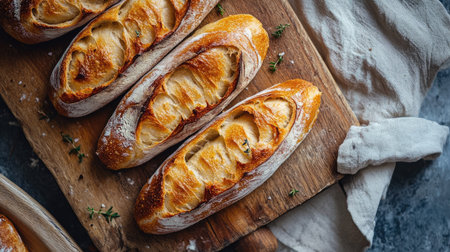 Homemade mini baguettes from above on a wooden board, capturing their golden-brown crust and delicious, rustic appealの素材