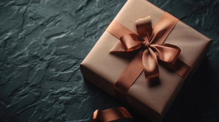 Top view of a present box with elegant wrapping and ribbon on a table, providing ample copy space for personalized messagesの素材