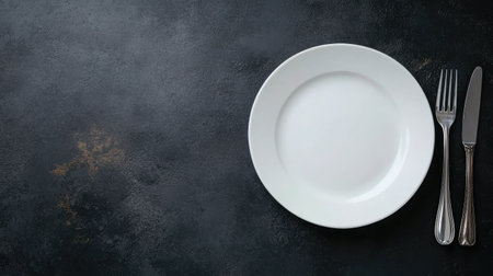 Top view of a spotless plate and cutlery on a dark table background, offering a clean and elegant setting with space for adding textの素材