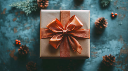 Top-down shot of a beautifully wrapped present box on a table, complete with ribbon, and ample copy space for a personalized noteの素材