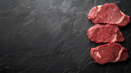 Overhead view of raw marbled beef steaks on a dark slate background, emphasizing their rich texture and including space for your messageの素材
