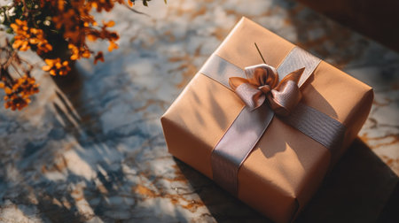 Top-down shot of a beautifully wrapped present box on a table, complete with ribbon, and ample copy space for a personalized noteの素材