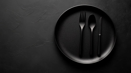 Top-down view of a spotless plate with elegant cutlery on a black table, highlighting the clean design and providing space for custom textの素材