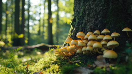 Close-up of mushrooms at the base of a tree in a spring forest clearing, with open space for an inscription or messageの素材