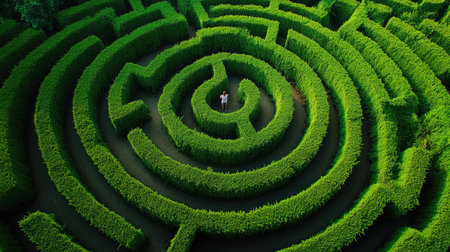 Aerial view of a person standing in the middle of a large maze, looking confused and lost, surrounded by tall green hedgesの素材