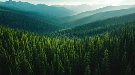 Aerial shot of a green pine forest with dark spruce trees creating a rich tapestry over mountainous terrainの素材