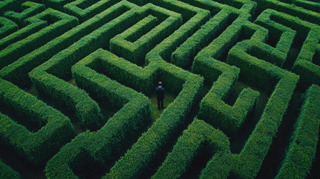 Aerial view of a person standing in the middle of a large maze, looking confused and lost, surrounded by tall green hedgesの素材