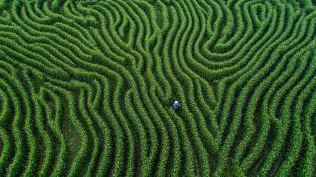 Aerial photo of a person making their way through a sprawling corn maze, appearing lost and searching for the correct pathの素材