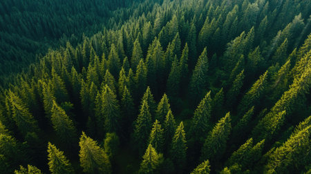 Aerial view of lush green pine forest covering mountain hills with dense, dark spruce trees creating a scenic landscapeの素材