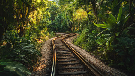 Breathtaking jungle train line, with tracks winding through rich greenery and tropical plantsの素材
