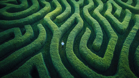 Aerial perspective of a large garden maze with a lone figure wandering, clearly lost and searching for the exitの素材