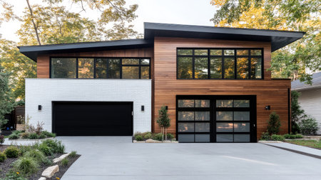 Contemporary house exterior with cedar siding, white brick walls, black-framed windows, and sleek black garage doorsの素材