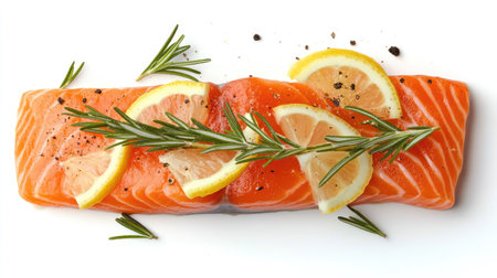 Close-up top view of red salmon slice, decorated with rosemary and lemon, isolated on white, ideal for food styling and recipesの素材