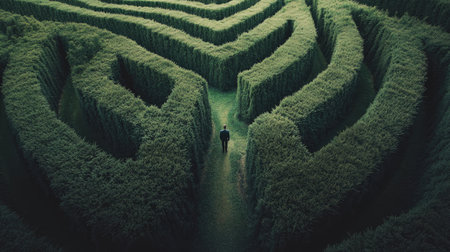 Dramatic shot of a person standing at a fork in a tall hedge maze, unsure of which path to take, conveying a sense of being lostの素材