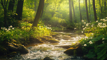 Idyllic spring forest with a meandering stream, river rocks, and sunlight dappling through the new leaves and flowering plantsの素材