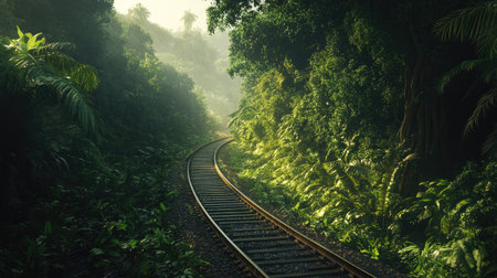 Majestic jungle train line, with tracks winding through thick foliage and vibrant greeneryの素材