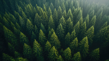 Scenic aerial perspective of green pine forest interspersed with dark spruce trees on mountain hillsの素材
