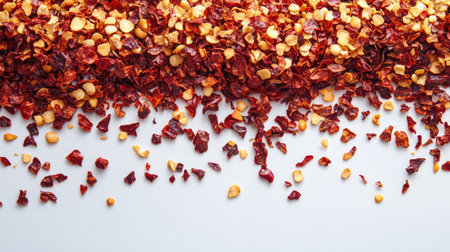 Overhead shot of dried chili flakes and seeds on a white background, capturing their intense red color and distinctive textureの素材