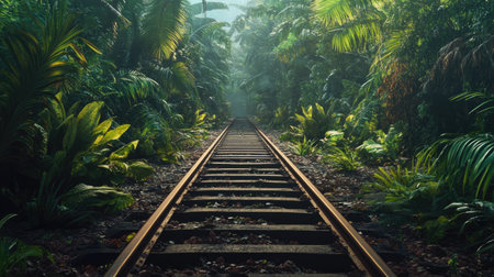 Peaceful train tracks in a lush jungle, surrounded by dense vegetation and creating a serene landscapeの素材