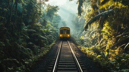 Serene train line in the heart of a jungle, surrounded by dense trees and tropical plantsの素材
