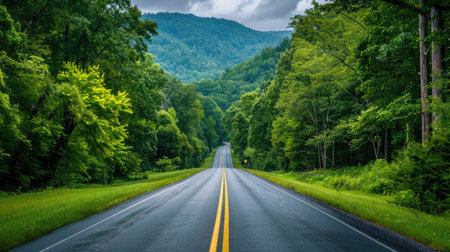 Scenic drive towards the Great Smoky Mountains National Park, Tennessee, showcasing a long road through rich green landscapesの素材