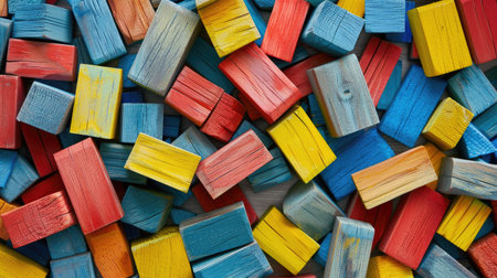 Colorful wooden bricks used in Montessori education, arranged randomly to create a seamless pattern designの素材