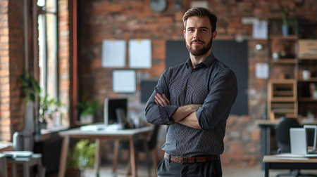Young businessman in a startup workspace, offering significant copy space for text and business-related promotional material.の素材