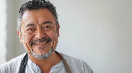 Smiling middle-aged Latin man in an apron, gazing at the camera with a white background, perfect for culinary and family contentの素材