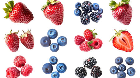 Mixed berries collection isolated on a white background, featuring fresh strawberries, blueberries, raspberries, and blackberriesの素材