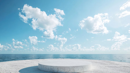 Elegant 3D podium on a beach with ample copy space, under a blue sky with white clouds. Perfect for showcasing products.の素材