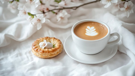 Close-up of a cup of coffee and an Easter pastry on a white background, with gentle toning and selective focus for a cozy, seasonal vibe.の素材