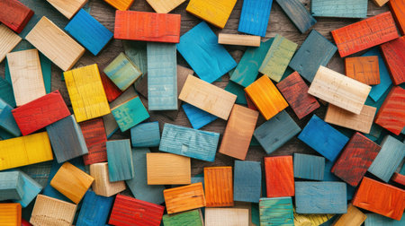 Colorful wooden bricks for Montessori construction materials arranged in a random, seamless pattern for a playful designの素材