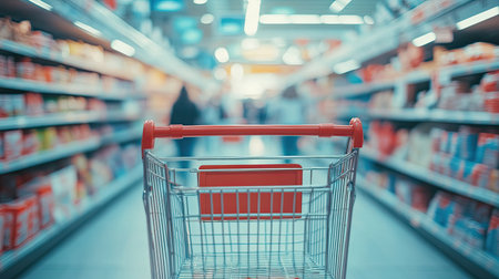 Blank banner on a shopping cart in a busy supermarket, ideal for marketing and promotional content with copy space.の素材