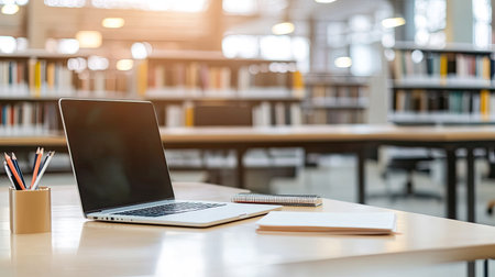 Desk setup with a laptop and stationery, with ample copy space for notes. Blurred office or library background enhances the setting.の素材