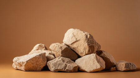 Brown background with a heap of stones serving as a podium, perfect for product displays and presentations with ample copy space.の素材