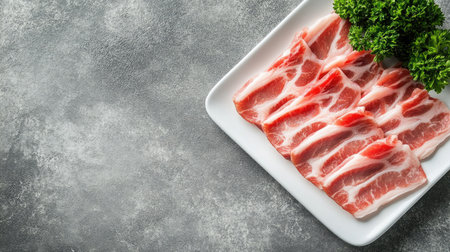 Freshly sliced belly pork for Japanese hot pot on a white plate, on a grey background with space for text, ideal for menus.の素材