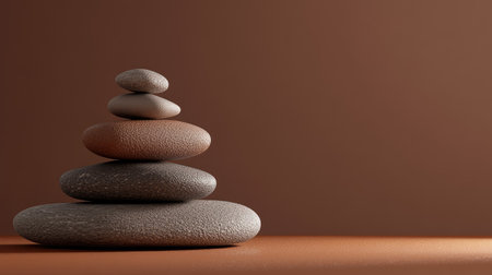 Stacked pebbles on a brown surface, ideal as a podium for showcasing products, with plenty of space for promotional text.の素材