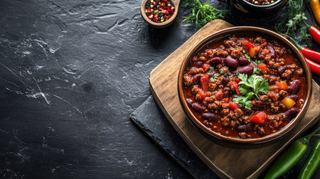 Delicious homemade chili con carne on a wooden board against a black slate stone background, leaving room for text or branding.の素材