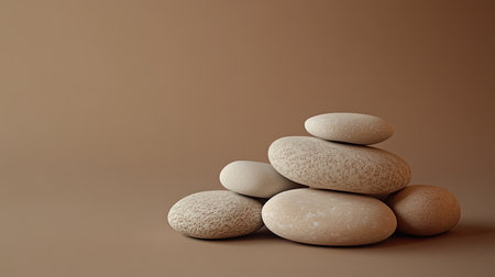 Heap of smooth stones on a brown background, creating a natural podium for product presentation with ample copy space.の素材
