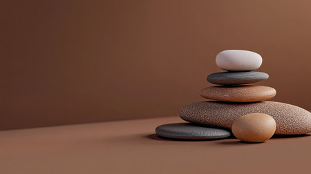 Collection of pebbles on a brown background, designed as a podium for product presentation, offering clear space for text or branding.の素材