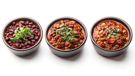 Tasty chili con carne in different presentations on a white background, ideal for food ads and marketing materials with ample space.の素材