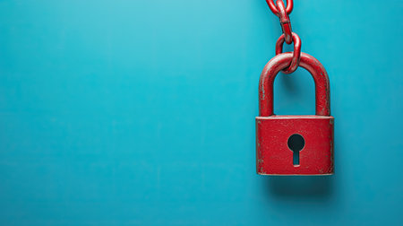 Safety concept with a red chain and padlock on a blue background, leaving room for promotional content or branding.の素材