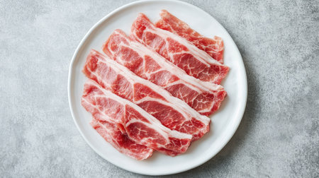 Sliced belly pork for shabu shabu on a white plate, set against a grey background with ample room for copy, top view.の素材