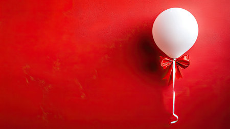 Present attached to a balloon against a red background, perfect for Valentin or birthday celebrations, offering clear space for festive text.の素材