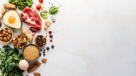 Flat lay of keto diet foods with a variety of low-carb options and plenty of white background space for text or promotional information.の素材