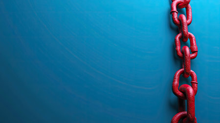 Safety concept with a red chain and padlock on a blue background, leaving room for promotional content or branding.の素材