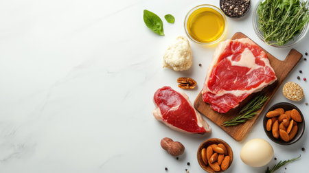 Various keto diet foods displayed on a white background with space for text, perfect for educational or promotional content on low-carb diets.の素材